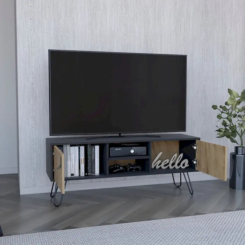 Mobile TV Bianco/Nero e Macadamia con 2 Cassetti e Ripiani a Giorno