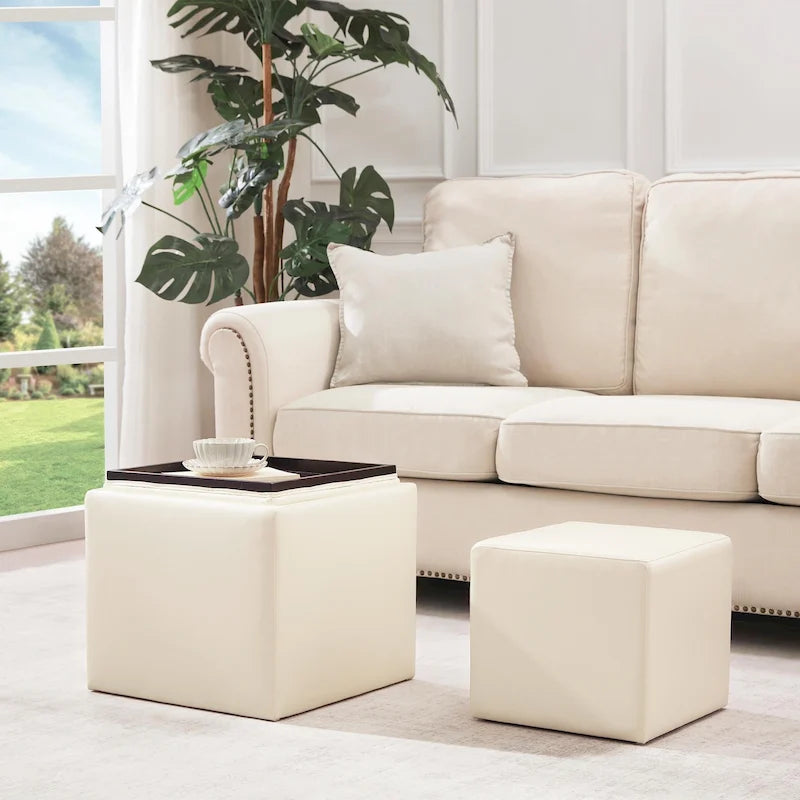 Pouf contenitore quadrato con vassoio e poggiapiedi – Marrone / Grigio / Crema / Nero / Beige, 1 persona