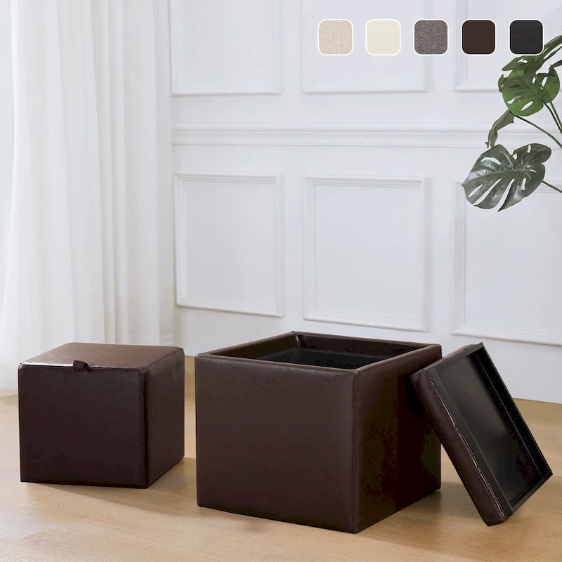 Pouf contenitore quadrato con vassoio e poggiapiedi – Marrone / Grigio / Crema / Nero / Beige, 1 persona
