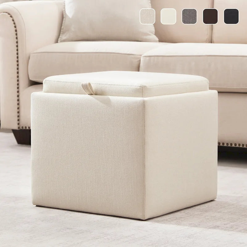 Pouf contenitore quadrato con vassoio e poggiapiedi – Marrone / Grigio / Crema / Nero / Beige, 1 persona