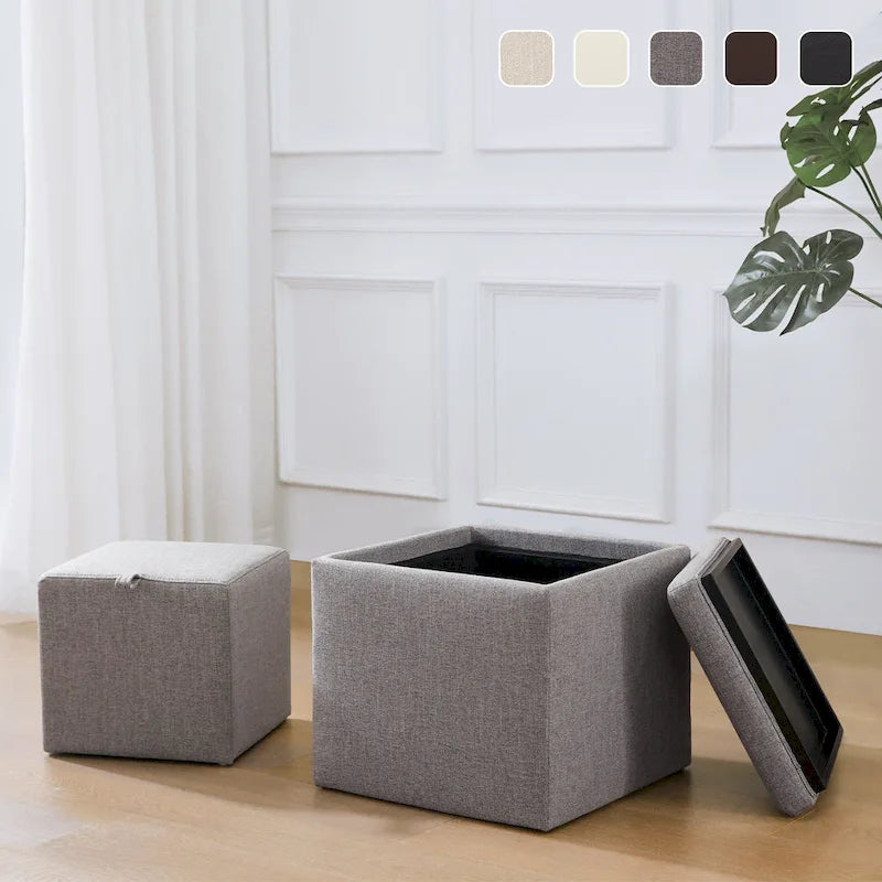 Pouf contenitore quadrato con vassoio e poggiapiedi – Marrone / Grigio / Crema / Nero / Beige, 1 persona