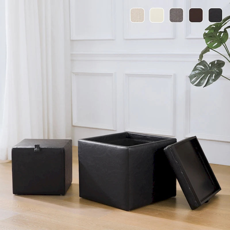Pouf contenitore quadrato con vassoio e poggiapiedi – Marrone / Grigio / Crema / Nero / Beige, 1 persona