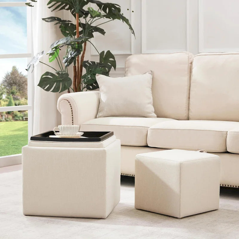 Pouf contenitore quadrato con vassoio e poggiapiedi – Marrone / Grigio / Crema / Nero / Beige, 1 persona