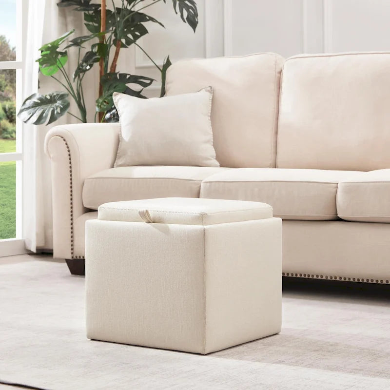 Pouf contenitore quadrato con vassoio e poggiapiedi – Marrone / Grigio / Crema / Nero / Beige, 1 persona