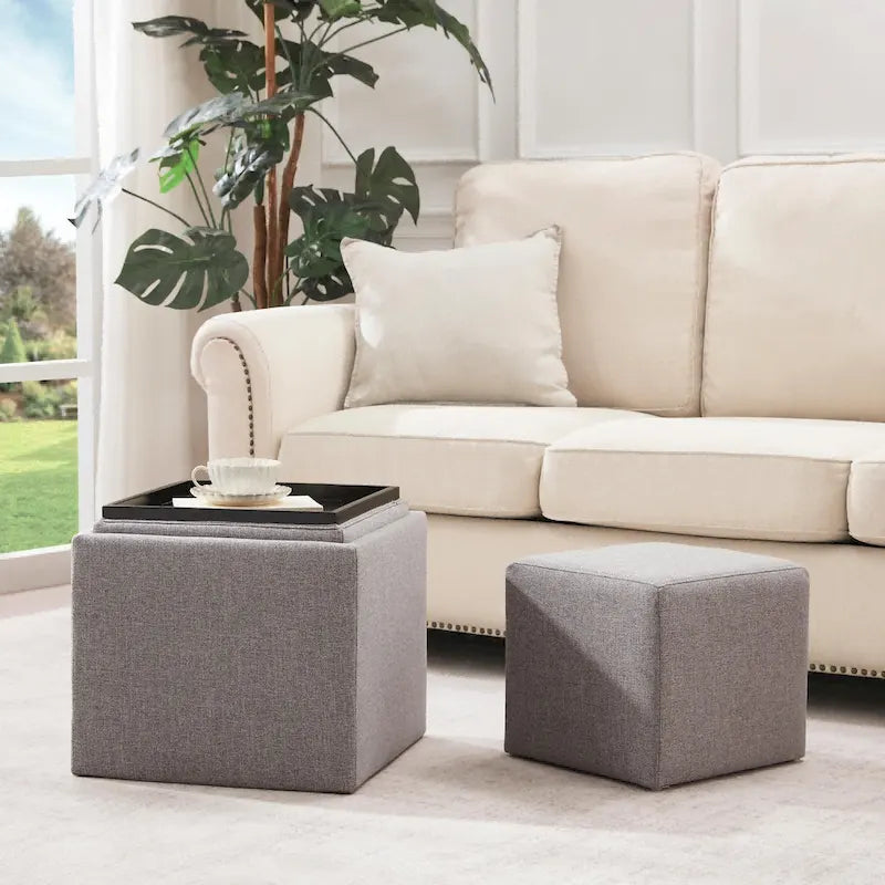Pouf contenitore quadrato con vassoio e poggiapiedi – Marrone / Grigio / Crema / Nero / Beige, 1 persona