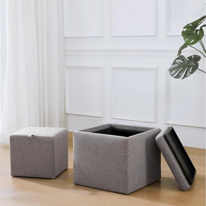 Pouf contenitore quadrato con vassoio e poggiapiedi – Marrone / Grigio / Crema / Nero / Beige, 1 persona