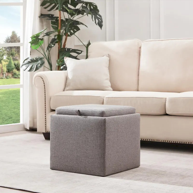 Pouf contenitore quadrato con vassoio e poggiapiedi – Marrone / Grigio / Crema / Nero / Beige, 1 persona