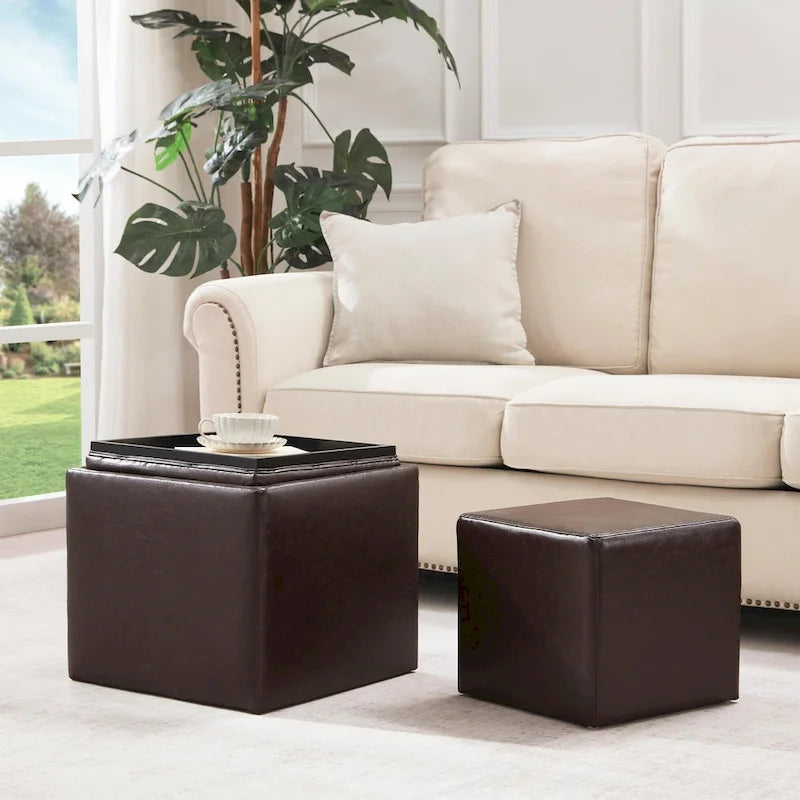 Pouf contenitore quadrato con vassoio e poggiapiedi – Marrone / Grigio / Crema / Nero / Beige, 1 persona