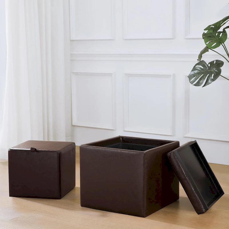 Pouf contenitore quadrato con vassoio e poggiapiedi – Marrone / Grigio / Crema / Nero / Beige, 1 persona