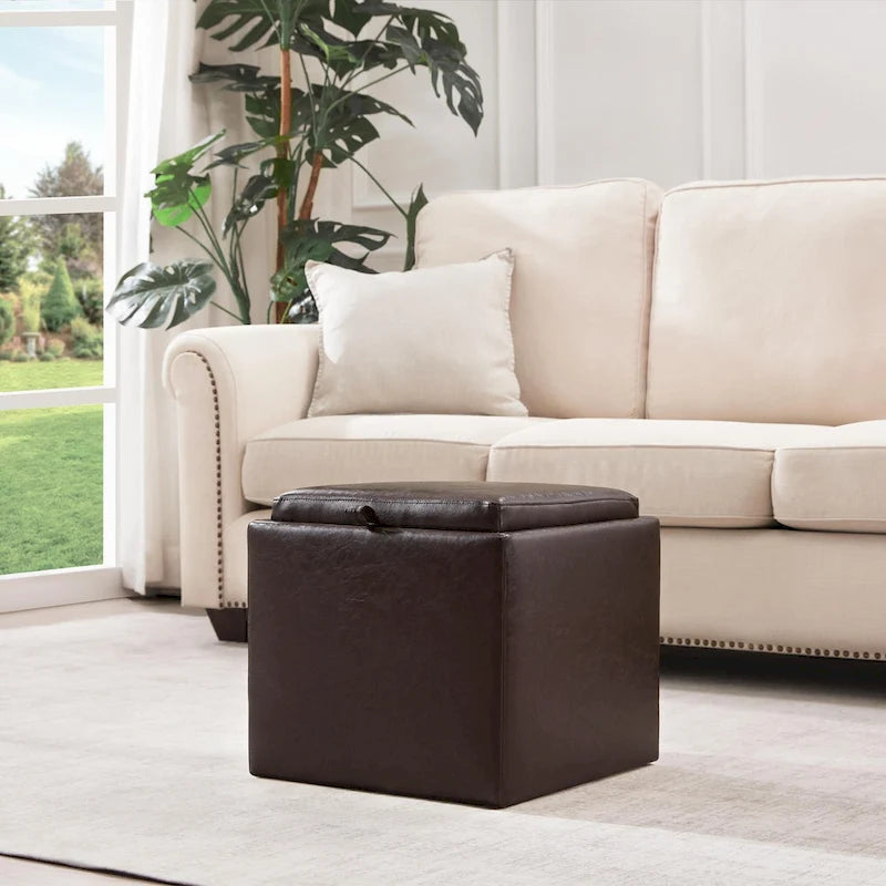 Pouf contenitore quadrato con vassoio e poggiapiedi – Marrone / Grigio / Crema / Nero / Beige, 1 persona