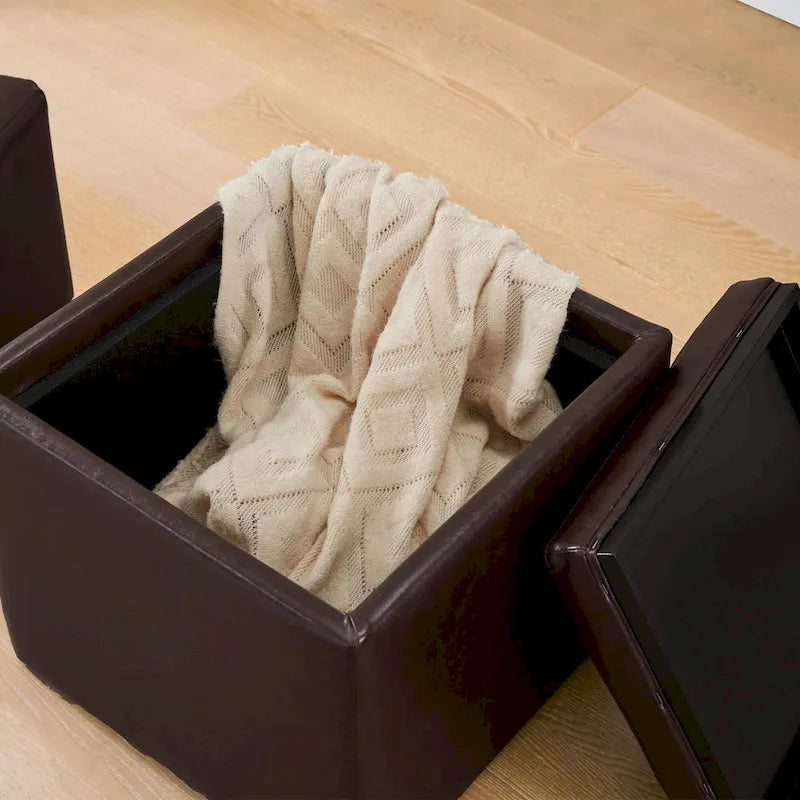 Pouf contenitore quadrato con vassoio e poggiapiedi – Marrone / Grigio / Crema / Nero / Beige, 1 persona