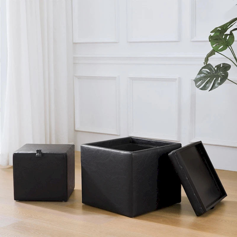 Pouf contenitore quadrato con vassoio e poggiapiedi – Marrone / Grigio / Crema / Nero / Beige, 1 persona