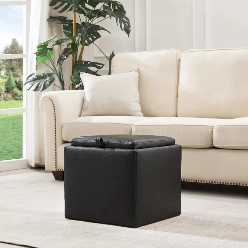 Pouf contenitore quadrato con vassoio e poggiapiedi – Marrone / Grigio / Crema / Nero / Beige, 1 persona