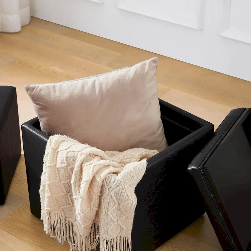 Pouf contenitore quadrato con vassoio e poggiapiedi – Marrone / Grigio / Crema / Nero / Beige, 1 persona