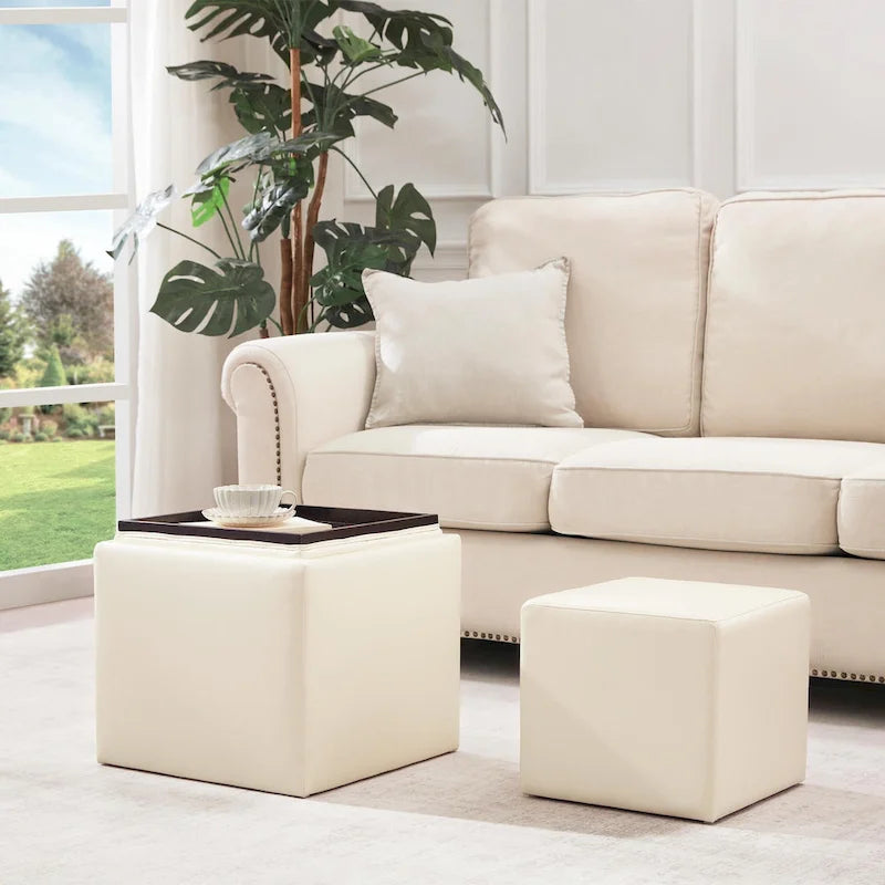 Pouf contenitore quadrato con vassoio e poggiapiedi – Marrone / Grigio / Crema / Nero / Beige, 1 persona