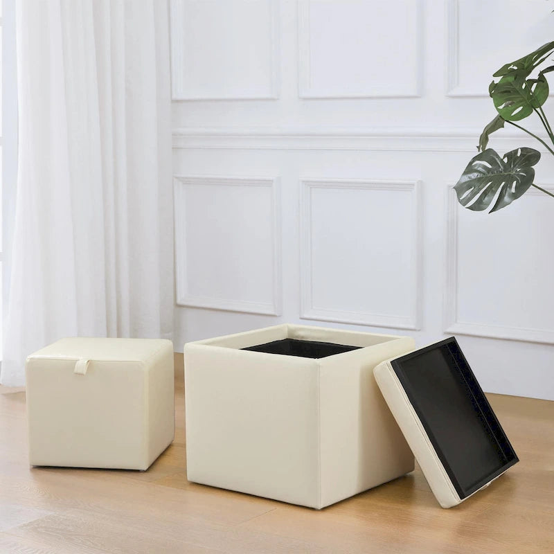 Pouf contenitore quadrato con vassoio e poggiapiedi – Marrone / Grigio / Crema / Nero / Beige, 1 persona