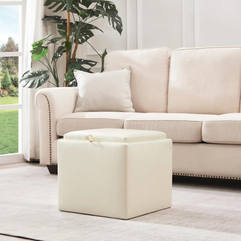 Pouf contenitore quadrato con vassoio e poggiapiedi – Marrone / Grigio / Crema / Nero / Beige, 1 persona