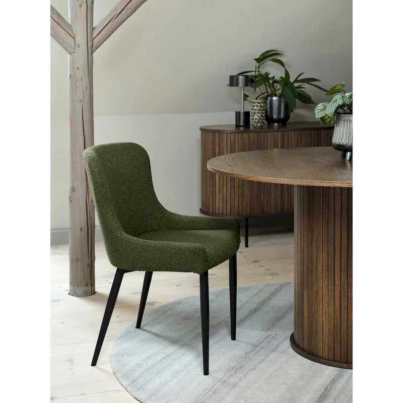 Sedia da pranzo Boucle con gambe in acciaio nero, set da 2 – Grigio scuro / Crema / Verde bosco