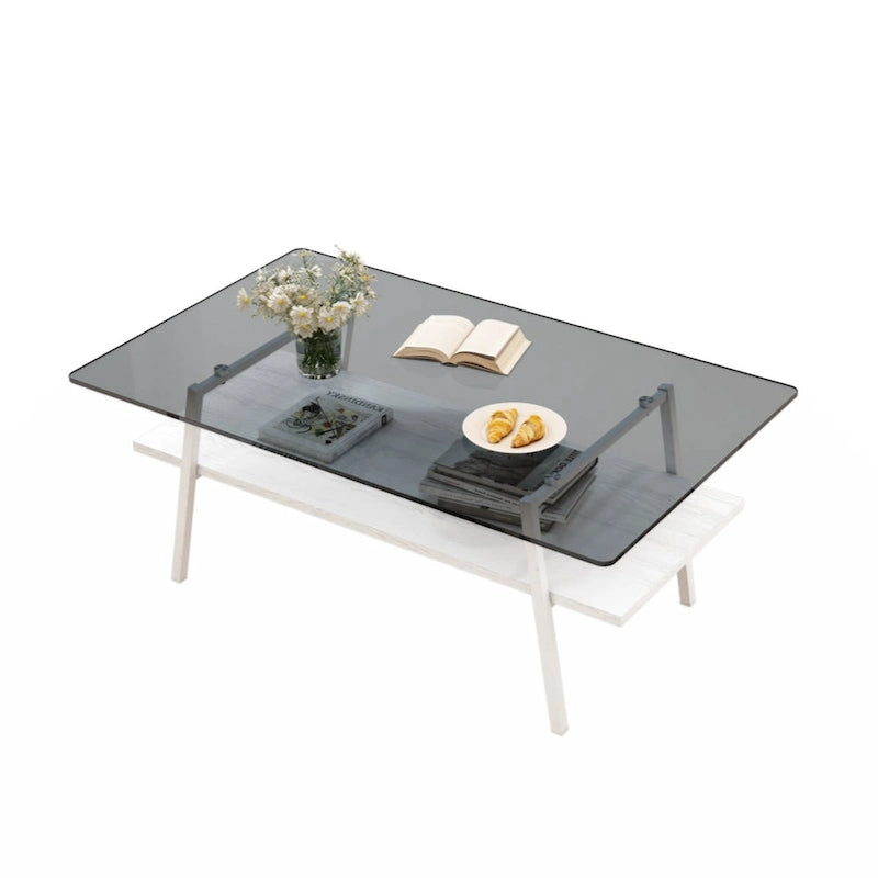 Tavolino da caffè rettangolare – Piano in vetro temperato, gambe in metallo (nero / bianco / grigio / marrone)