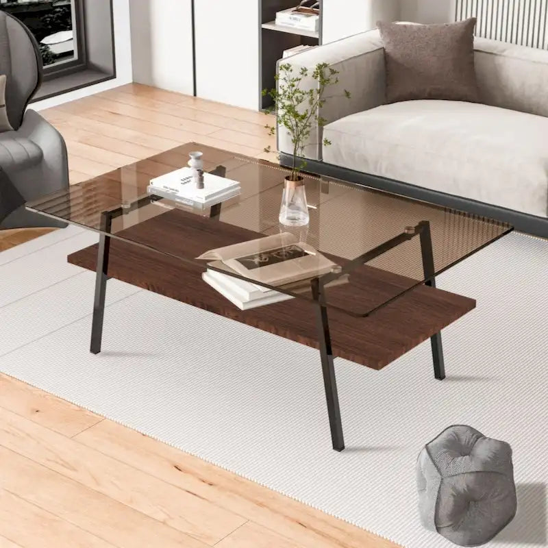 Tavolino da caffè rettangolare – Piano in vetro temperato, gambe in metallo (nero / bianco / grigio / marrone)