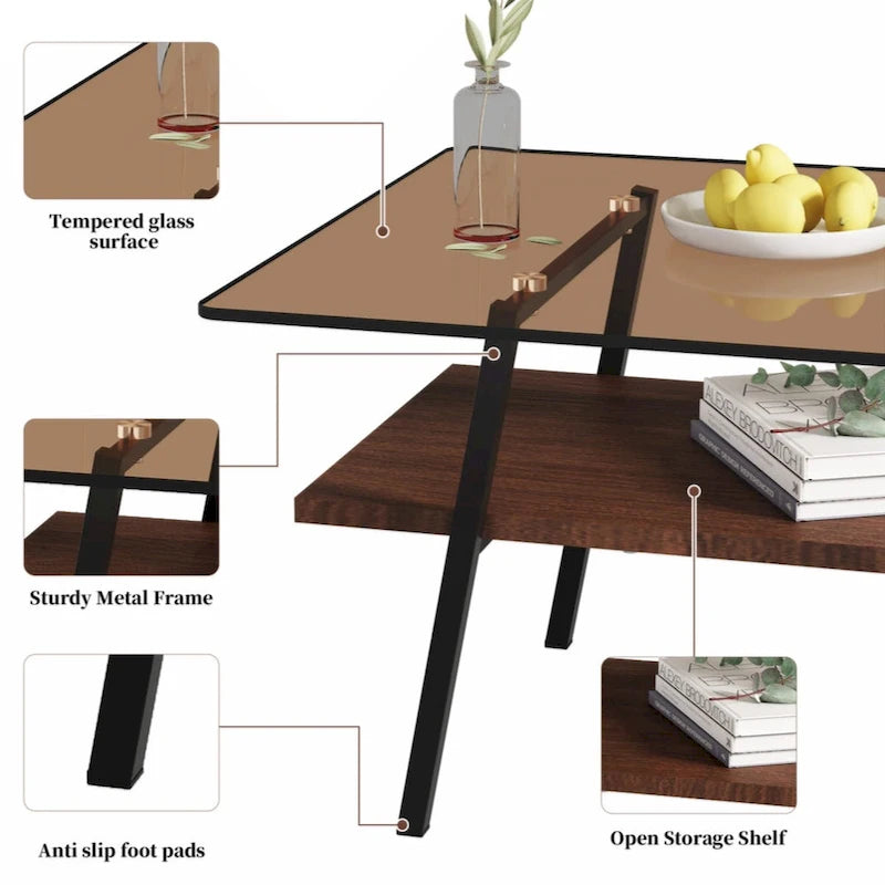 Tavolino da caffè rettangolare – Piano in vetro temperato, gambe in metallo (nero / bianco / grigio / marrone)