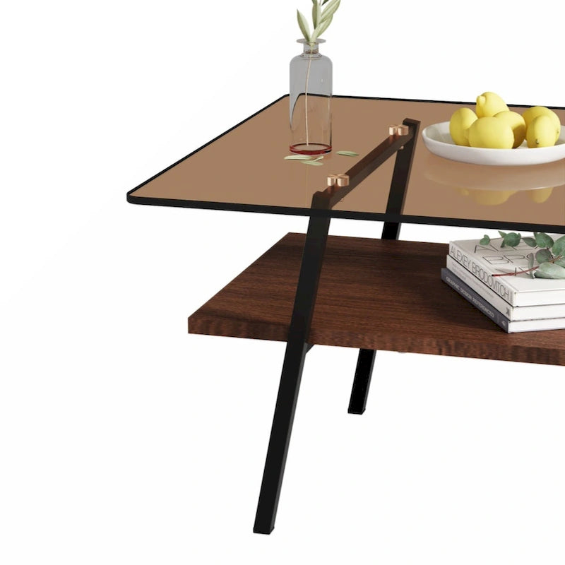 Tavolino da caffè rettangolare – Piano in vetro temperato, gambe in metallo (nero / bianco / grigio / marrone)
