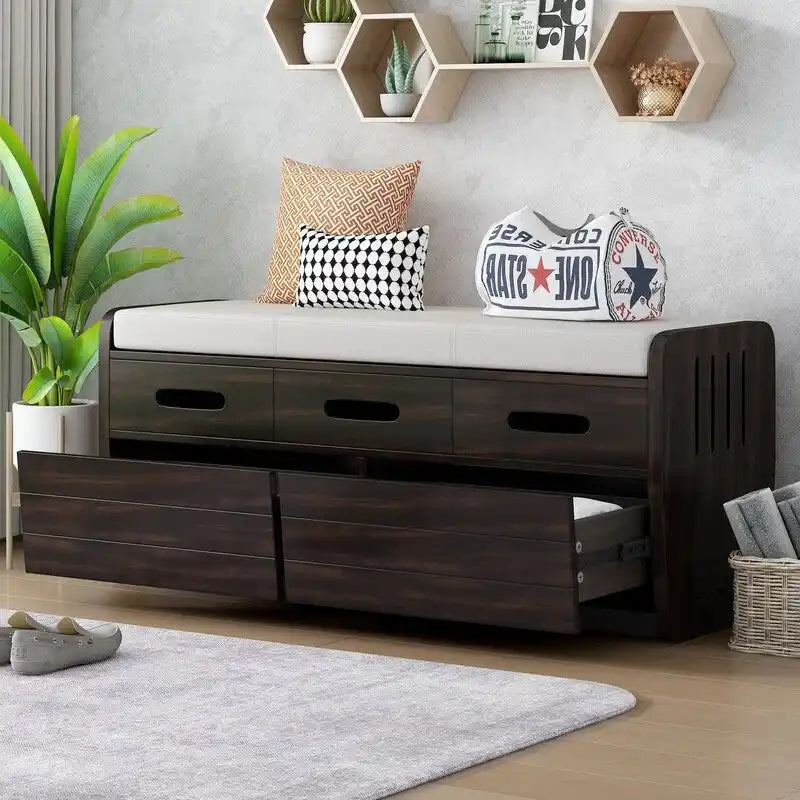 Panca contenitore rustica a 2 posti con 2 cassetti – Legno naturale / Blu navy / Espresso / Bianco