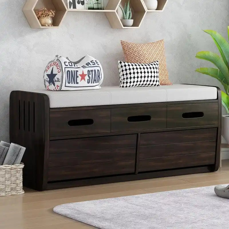 Panca contenitore rustica a 2 posti con 2 cassetti – Legno naturale / Blu navy / Espresso / Bianco