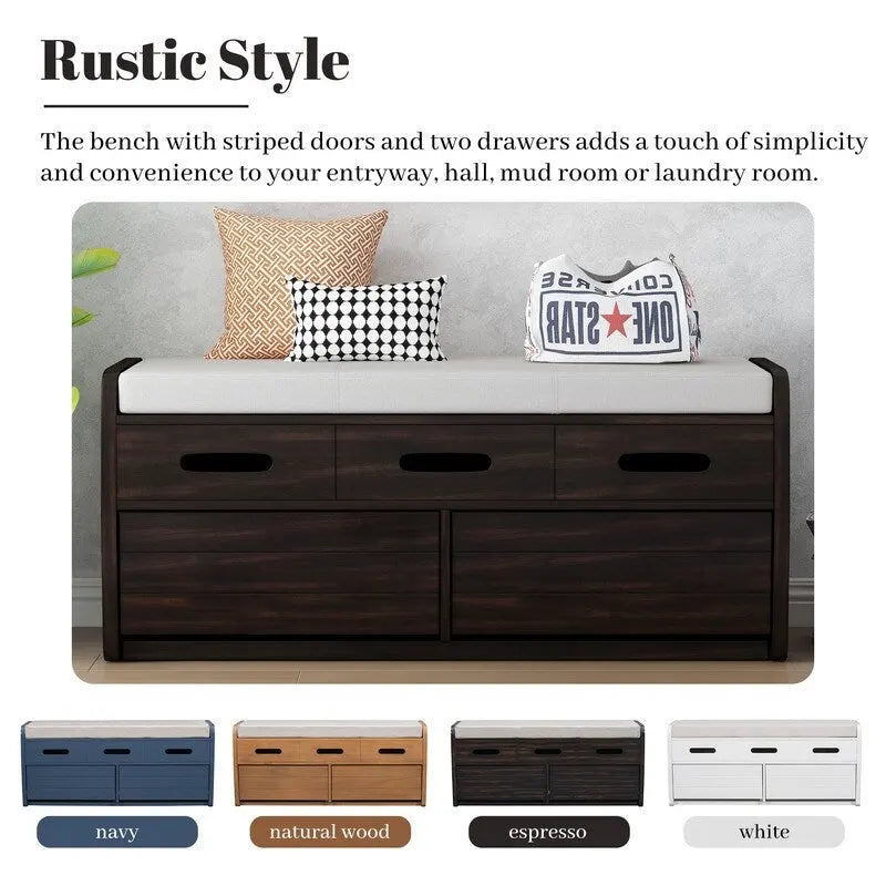 Panca contenitore rustica a 2 posti con 2 cassetti – Legno naturale / Blu navy / Espresso / Bianco