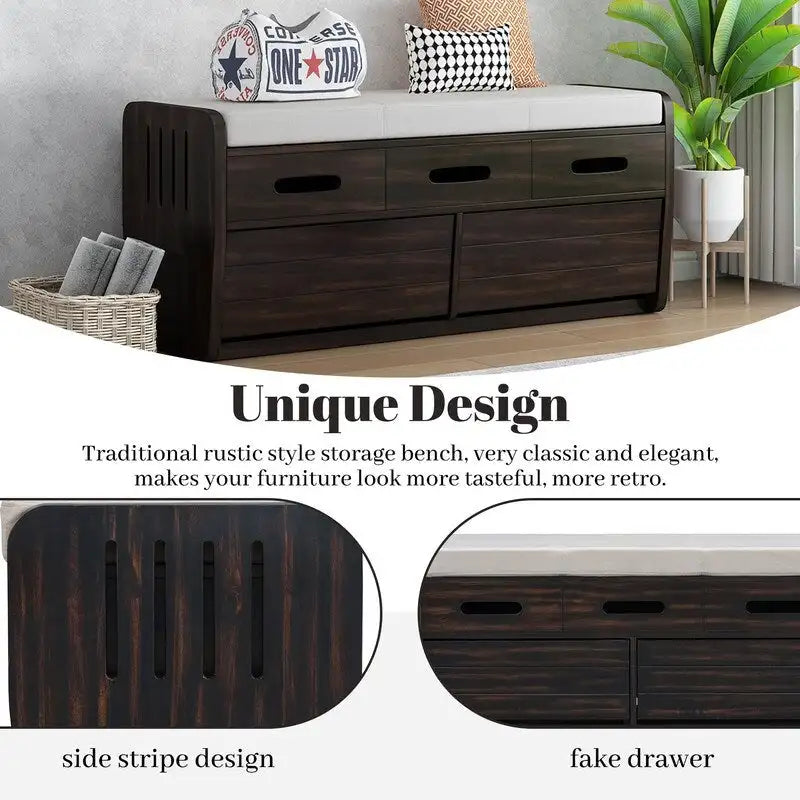 Panca contenitore rustica a 2 posti con 2 cassetti – Legno naturale / Blu navy / Espresso / Bianco