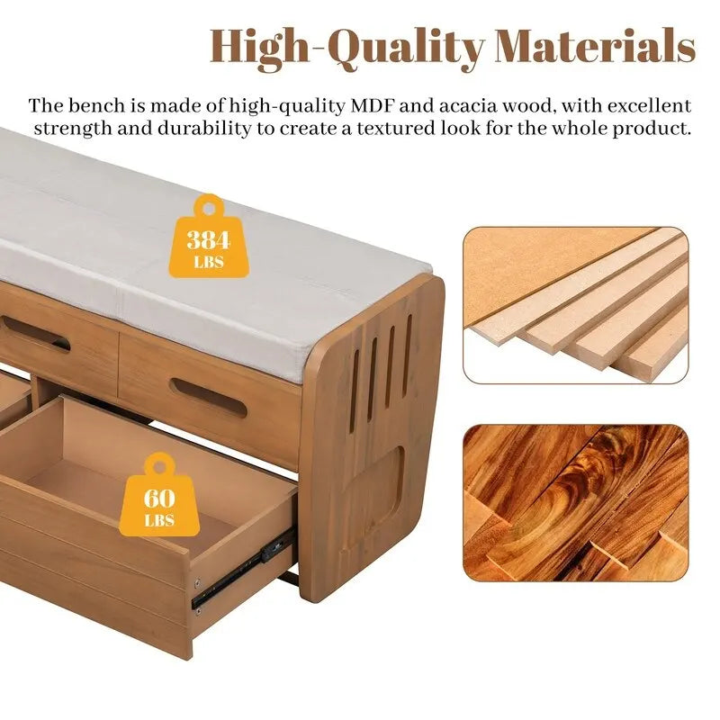 Panca contenitore rustica a 2 posti con 2 cassetti – Legno naturale / Blu navy / Espresso / Bianco