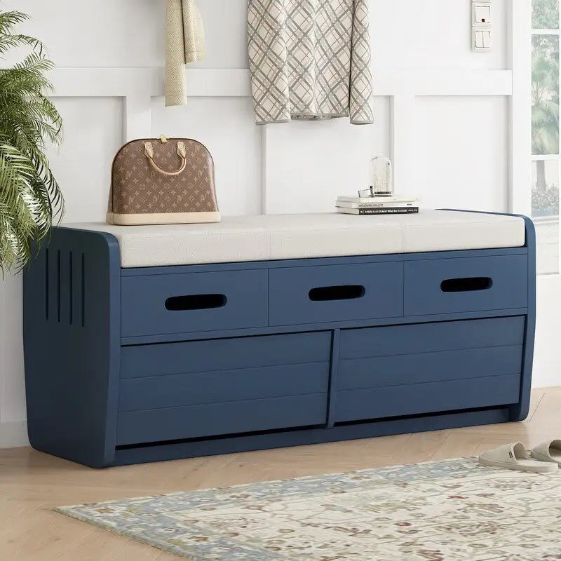 Panca contenitore rustica a 2 posti con 2 cassetti – Legno naturale / Blu navy / Espresso / Bianco