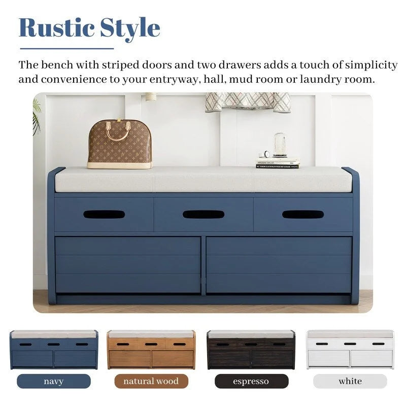 Panca contenitore rustica a 2 posti con 2 cassetti – Legno naturale / Blu navy / Espresso / Bianco
