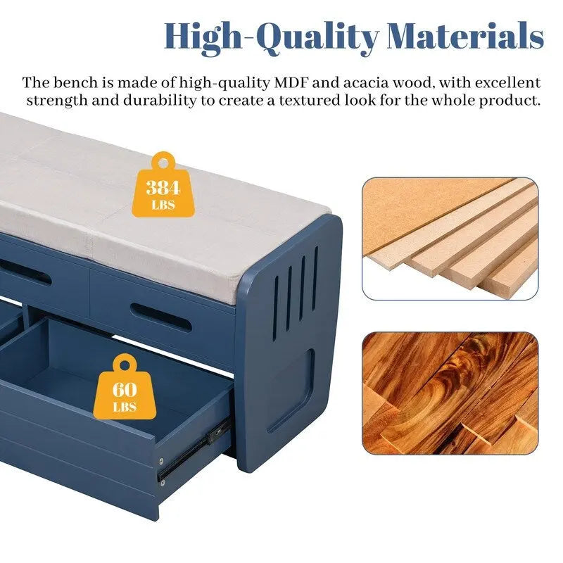 Panca contenitore rustica a 2 posti con 2 cassetti – Legno naturale / Blu navy / Espresso / Bianco