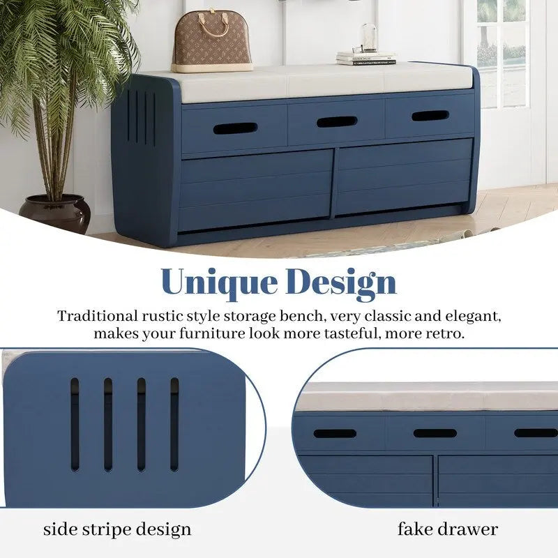 Panca contenitore rustica a 2 posti con 2 cassetti – Legno naturale / Blu navy / Espresso / Bianco