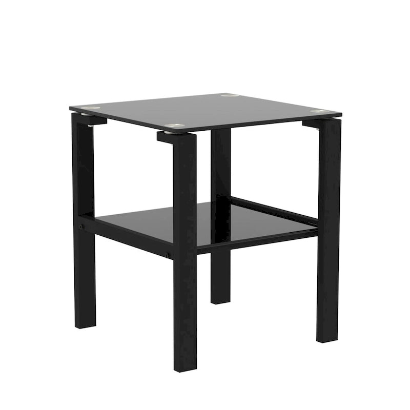 Tavolino da salotto/comodino in vetro nero/trasparente a 2 ripiani, set da 2