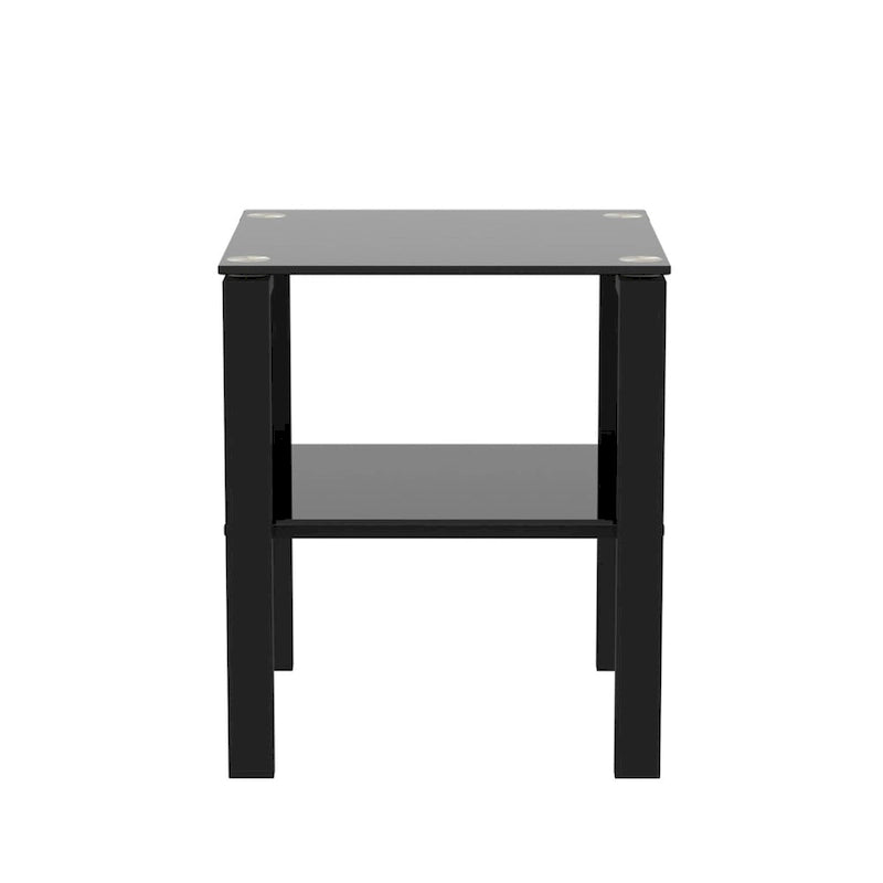 Tavolino da salotto/comodino in vetro nero/trasparente a 2 ripiani, set da 2