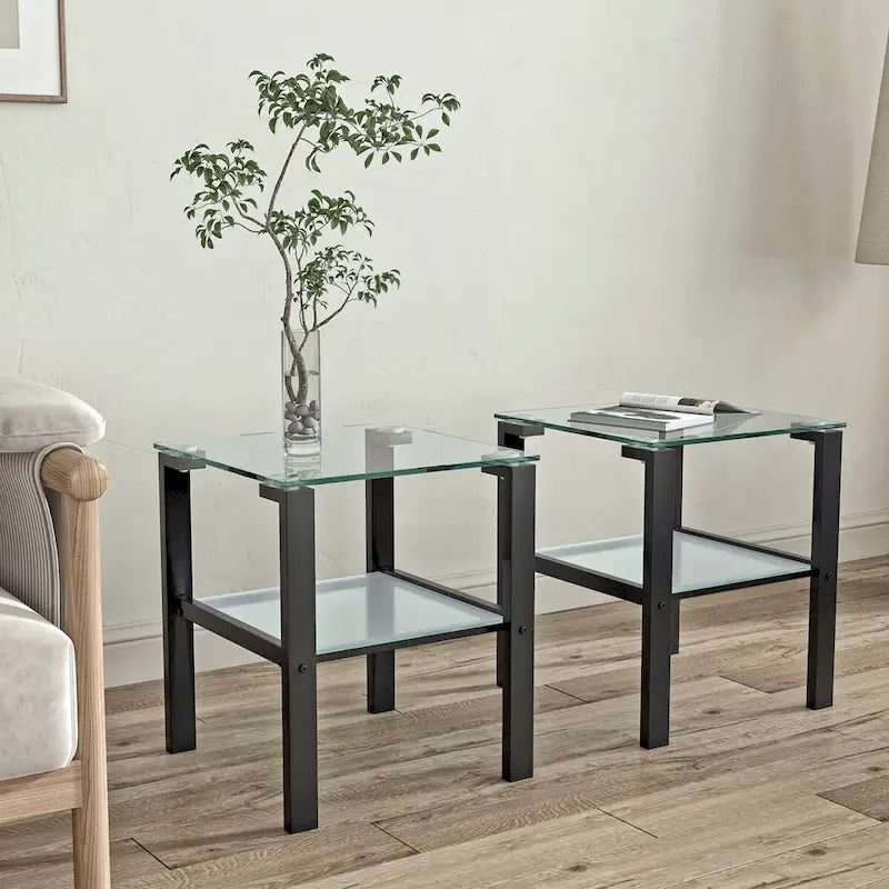 Tavolino da salotto/comodino in vetro nero/trasparente a 2 ripiani, set da 2