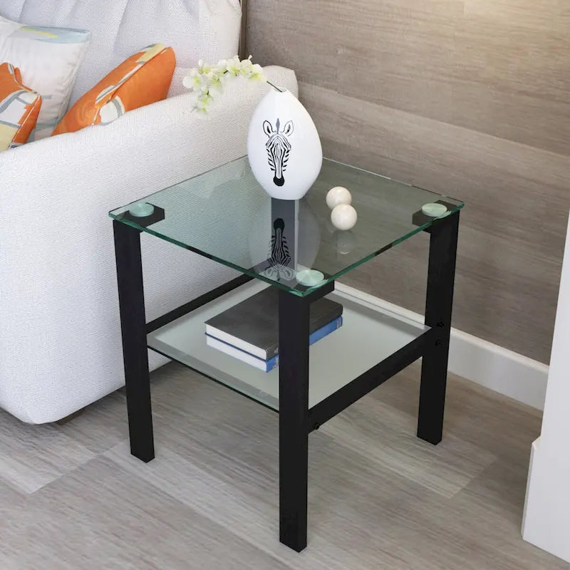 Tavolino da salotto/comodino in vetro nero/trasparente a 2 ripiani, set da 2