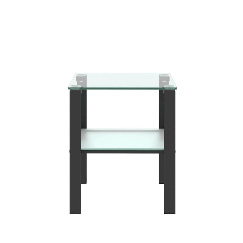 Tavolino da salotto/comodino in vetro nero/trasparente a 2 ripiani, set da 2
