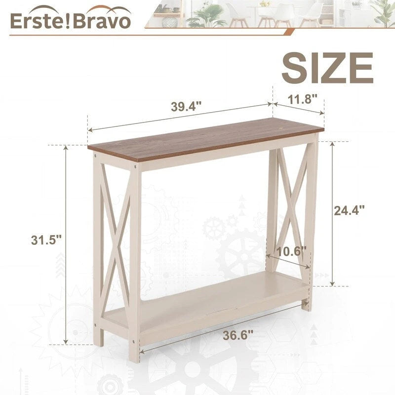 Tavolo consolle a 2 ripiani color avorio con base a X, piano in MDF
