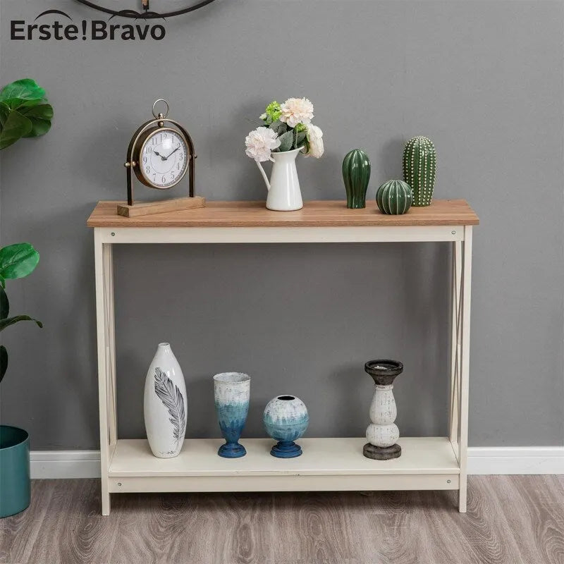 Tavolo consolle a 2 ripiani color avorio con base a X, piano in MDF