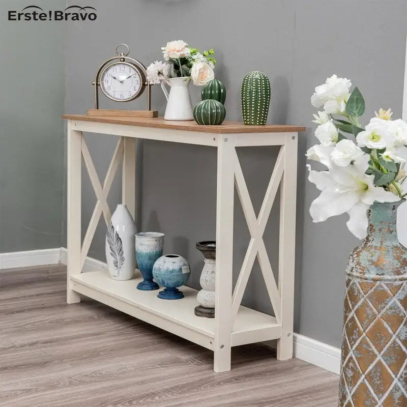 Tavolo consolle a 2 ripiani color avorio con base a X, piano in MDF
