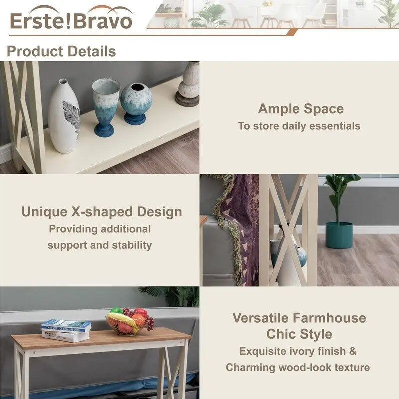 Tavolo consolle a 2 ripiani color avorio con base a X, piano in MDF