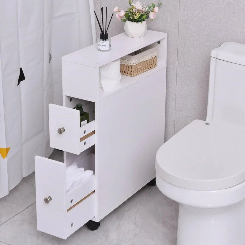 Mobiletto stretto per bagno con finitura in legno bianco, 1 posto