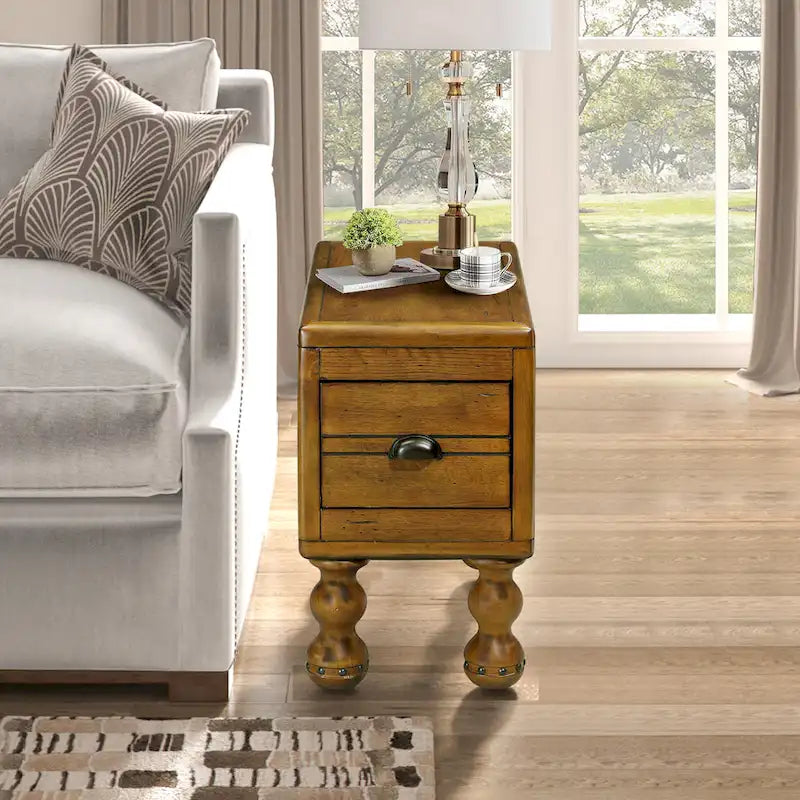 Tavolino in legno massello marrone/espresso con cassetto, montaggio in 1 persona
