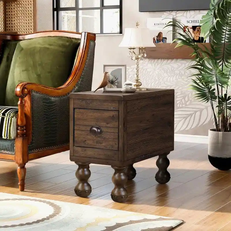 Tavolino in legno massello marrone/espresso con cassetto, montaggio in 1 persona