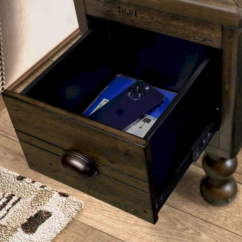 Tavolino in legno massello marrone/espresso con cassetto, montaggio in 1 persona