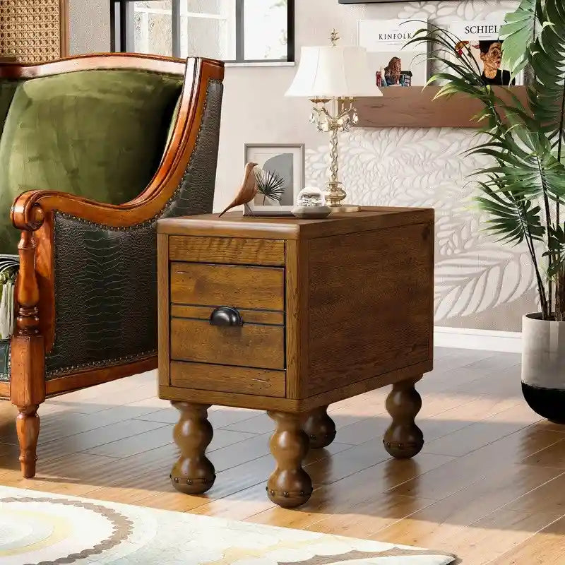 Tavolino in legno massello marrone/espresso con cassetto, montaggio in 1 persona